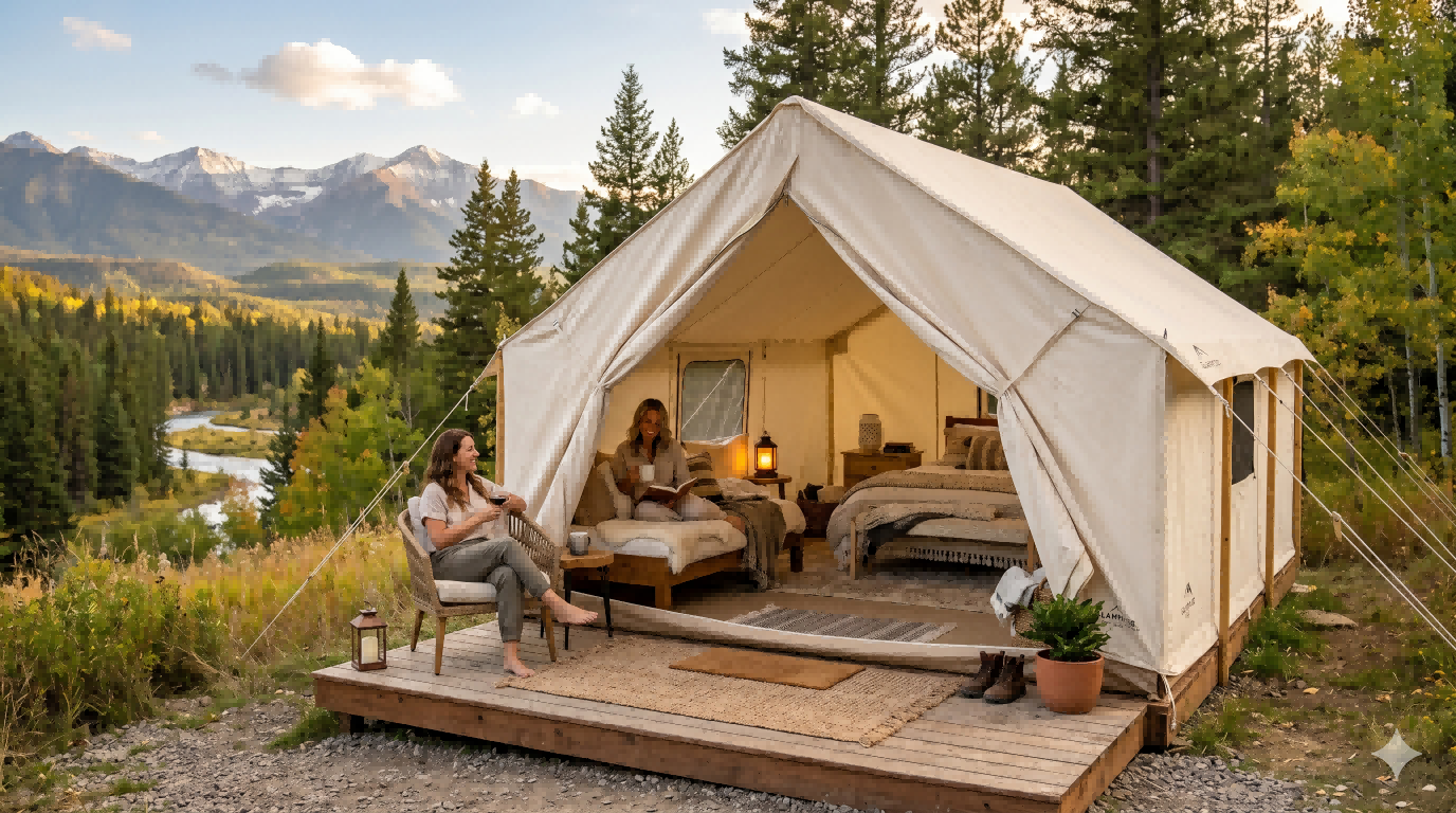 Luxury canvas tent in a mountain glamping setting showing breathable shelter comfort and long-stay outdoor living